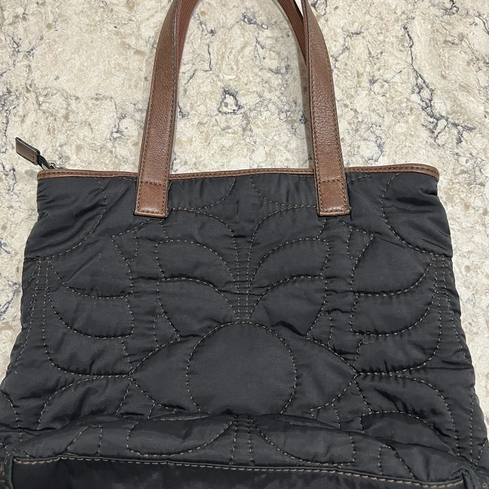 Fossil Black and Brown Quilted Tote with Leather Accents